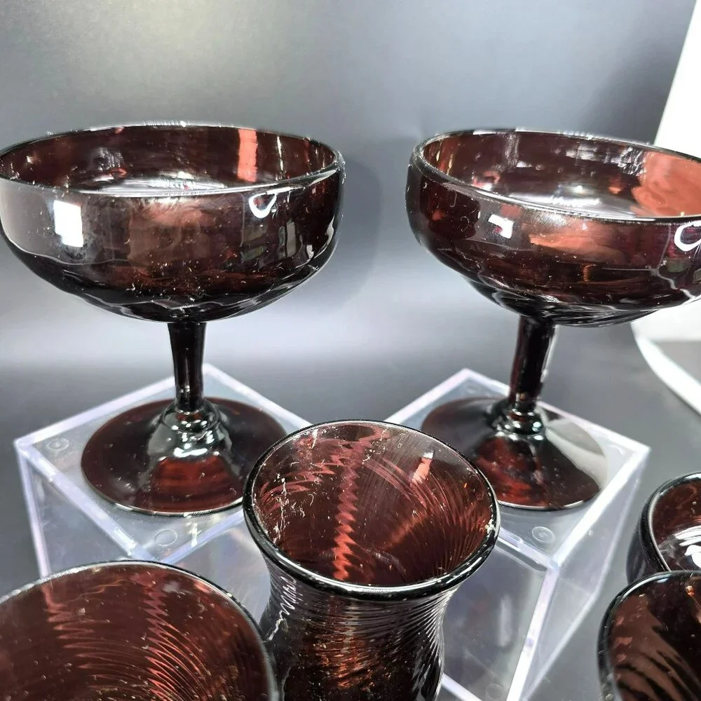 Vintage Handblown Dark Pink Glass Drinkware Set of 14 Pieces DH1357